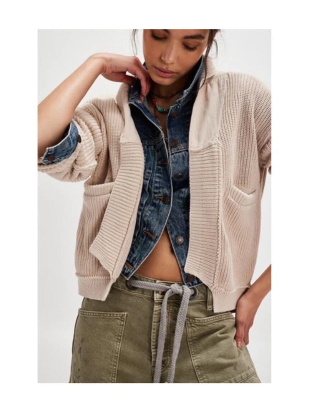 Free People 100% Cotton Worn Thru Surplus cardigan Sweater Champagne Dream large